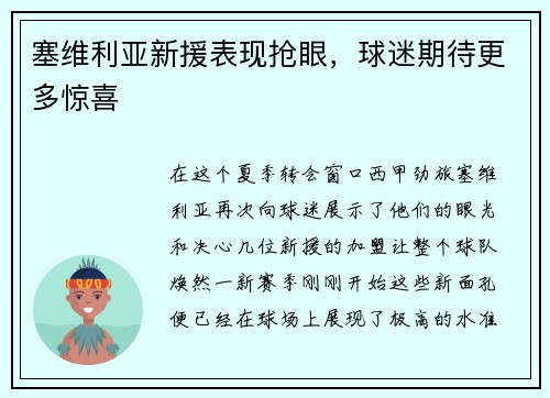 塞维利亚新援表现抢眼，球迷期待更多惊喜