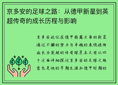 京多安的足球之路：从德甲新星到英超传奇的成长历程与影响